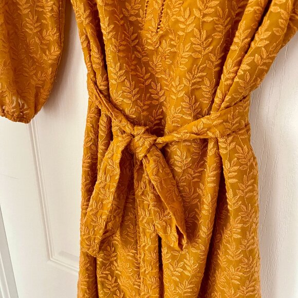 Anthropologie Daniel Rainn Mustard Yellow Embroidered Belted 3/4 Sleeve Dress - Picture 13 of 16